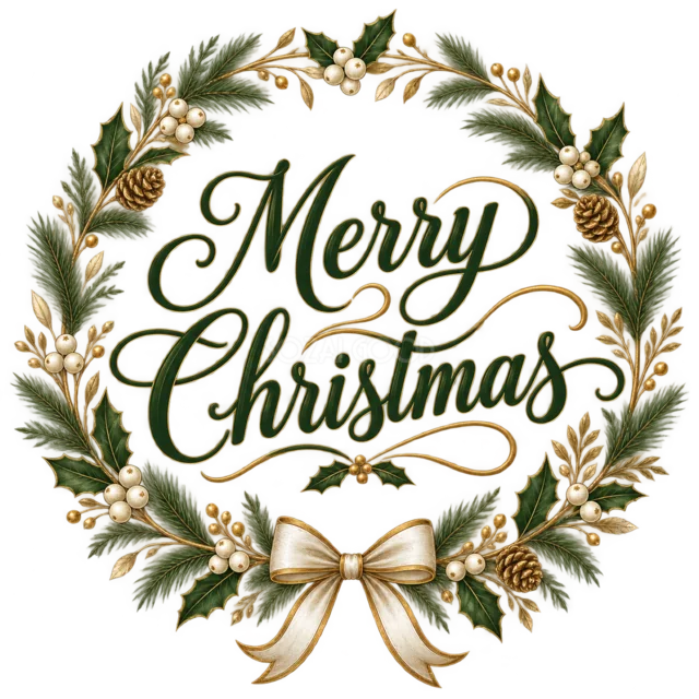 細いリースとMerry Christmas文字を描いた緑と金のおしゃれなクリスマスロゴ
