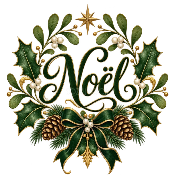 ヒイラギと松ぼっくりのNoël文字を描いた緑と金のおしゃれなクリスマスロゴ