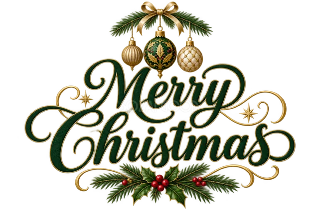吊り下げオーナメントとMerry Christmas文字を描いた緑と金のおしゃれなクリスマスロゴ