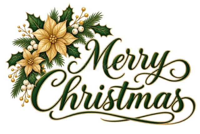 金のポインセチアとMerry Christmas文字を描いた緑と金のおしゃれなクリスマスロゴ