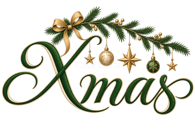 小さなオーナメントのXmas文字を描いた緑と金のおしゃれなクリスマスロゴ