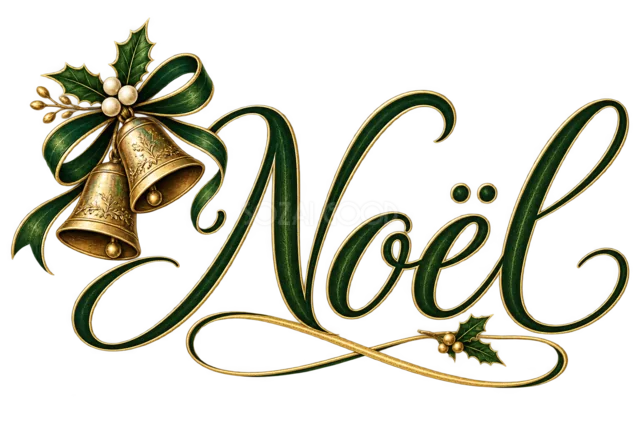 金のベルとNoël文字を描いた緑と金のおしゃれなクリスマスロゴ