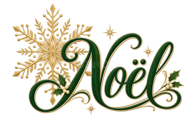 雪の結晶とNoël文字を描いた緑と金のおしゃれなクリスマスロゴ