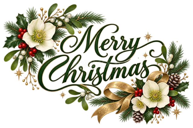白い花とMerry Christmas文字を描いた緑と金のおしゃれなクリスマスロゴ
