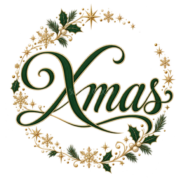 星のリースとXmas文字を描いた緑と金のおしゃれなクリスマスロゴ