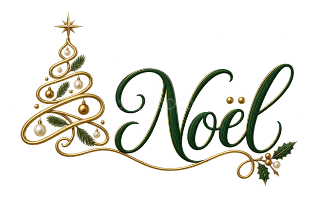 金のツリーとNoël文字を描いた緑と金のおしゃれなクリスマスロゴ