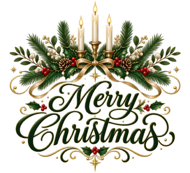 三本のキャンドルとMerry Christmas文字を描いた緑と金のおしゃれなクリスマスロゴ