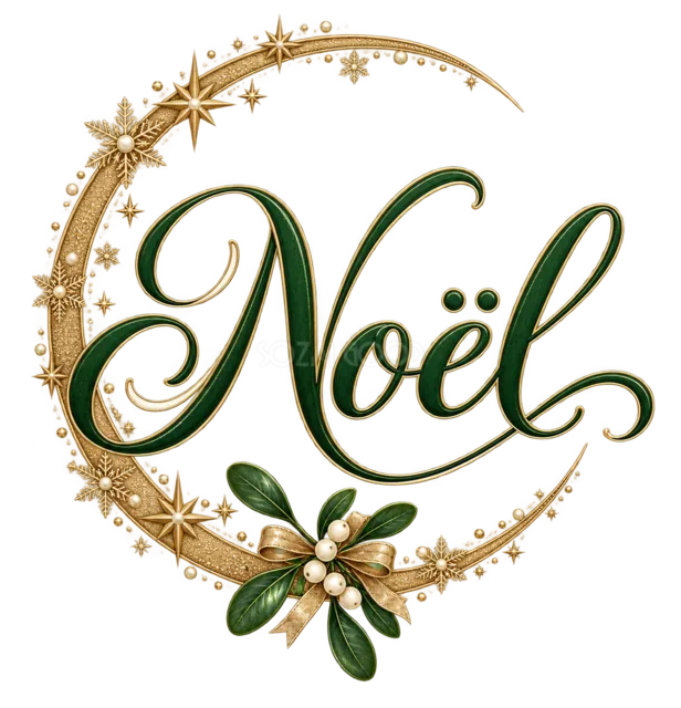 三日月とNoël文字を描いた緑と金のおしゃれなクリスマスロゴ