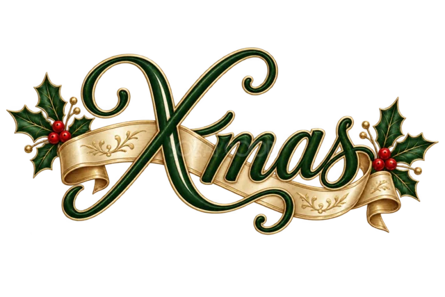ベルとヒイラギのXmas文字を描いた緑と金のおしゃれなクリスマスロゴ