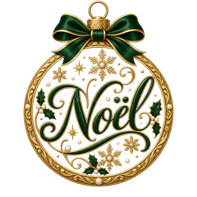 丸いオーナメントとNoël文字を描いた緑と金のおしゃれなクリスマスロゴ