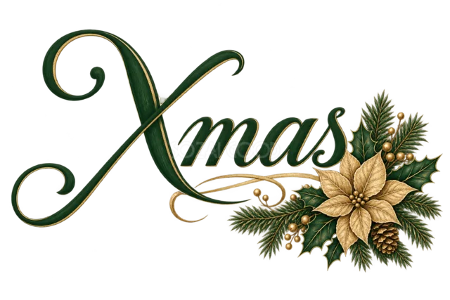 金のポインセチアとXmas文字を描いた緑と金のおしゃれなクリスマスロゴ