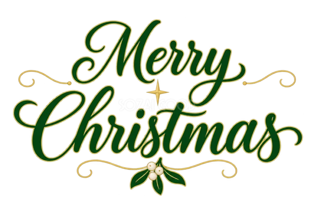 シンプルなMerry Christmas文字を描いた緑と金のおしゃれなクリスマスロゴ