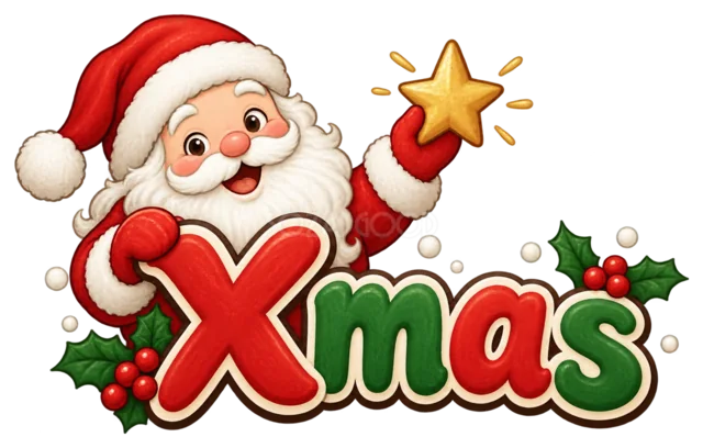星を持つサンタとXmas文字を描いたかわいいサンタのクリスマスロゴ
