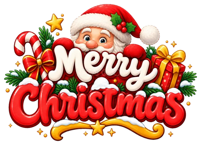 キャンディとプレゼントのMerry Christmas文字を描いたかわいいサンタのクリスマスロゴ