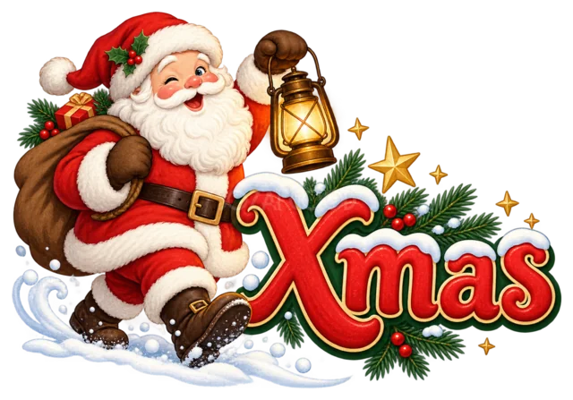 ランタンを持って歩くサンタとXmas文字を描いたかわいいサンタのクリスマスロゴ