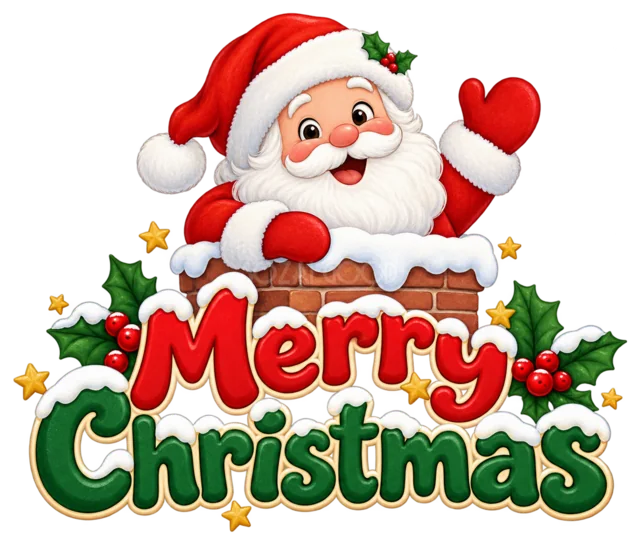 ハートを持つサンタとMerry Christmas文字を描いたかわいいサンタのクリスマスロゴ