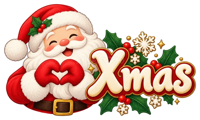 ハートを持つサンタとXmas文字を描いたかわいいサンタのクリスマスロゴ