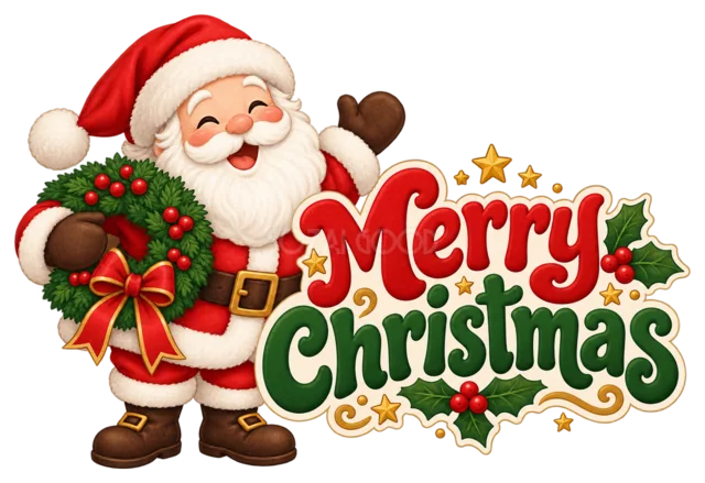 手を振るサンタとMerry Christmas文字を描いたかわいいサンタのクリスマスロゴ