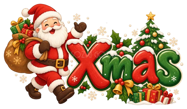 プレゼント袋を背負うサンタとXmas文字を描いたかわいいサンタのクリスマスロゴ
