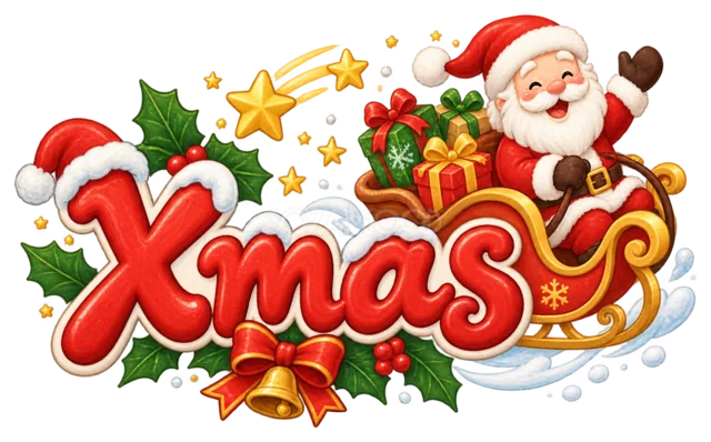 そりに乗るサンタとXmas文字を描いたかわいいサンタのクリスマスロゴ