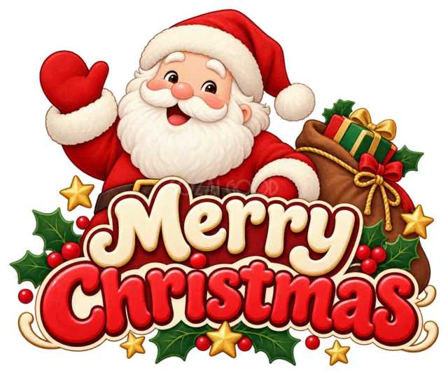 贈り物を抱えるサンタとMerry Christmas文字を描いたかわいいサンタのクリスマスロゴ