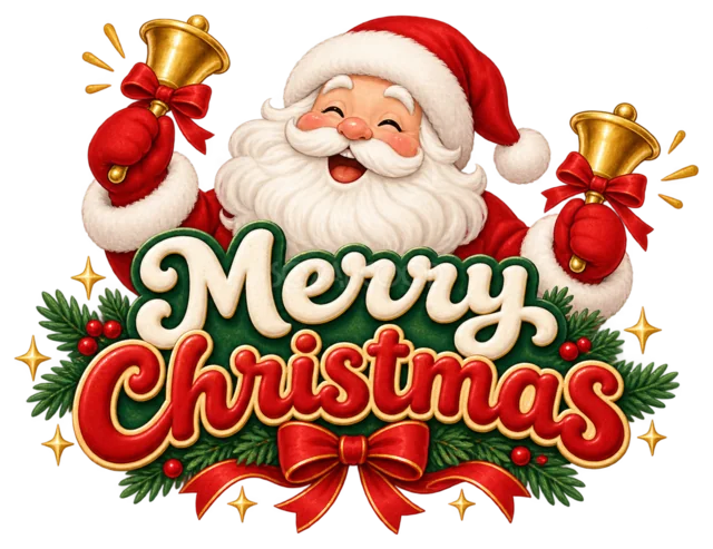 二つのベルを持つサンタとMerry Christmas文字を描いたかわいいサンタのクリスマスロゴ