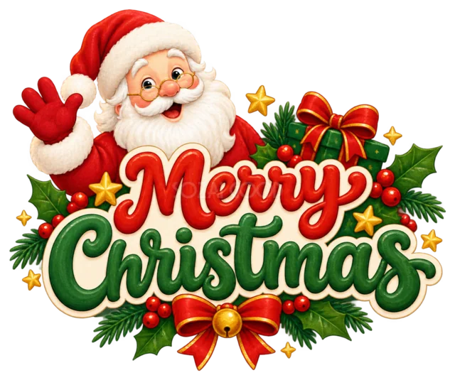 手を振るサンタとリボン付きMerry Christmas文字を描いたかわいいサンタのクリスマスロゴ