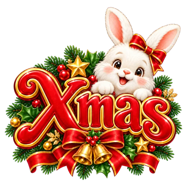 うさぎとXmas文字を描いたかわいい動物のクリスマスロゴ