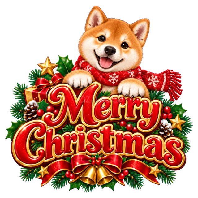 柴犬とMerry Christmas文字を描いたかわいい動物のクリスマスロゴ
