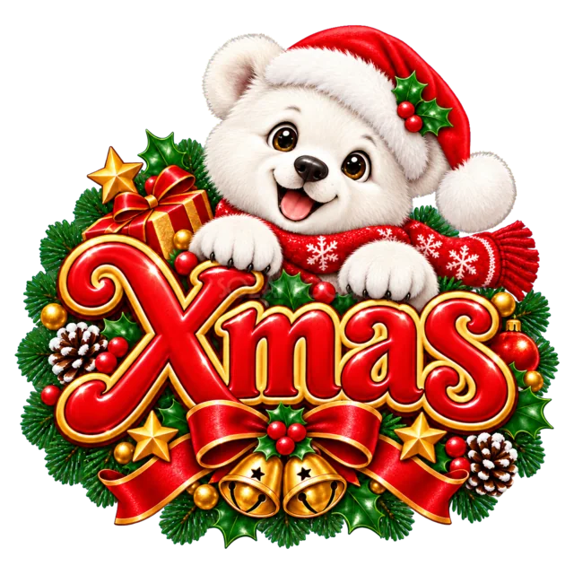 白くまとXmas文字を描いたかわいい動物のクリスマスロゴ