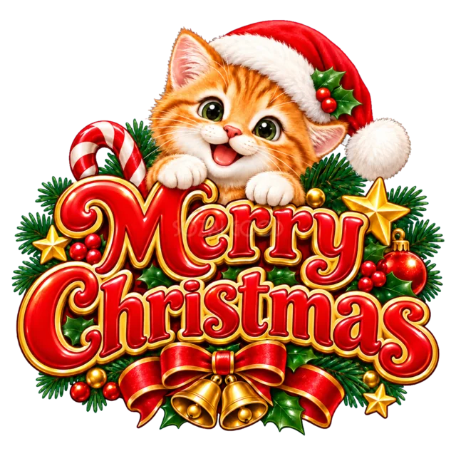 茶トラ猫とMerry Christmas文字を描いたかわいい動物のクリスマスロゴ