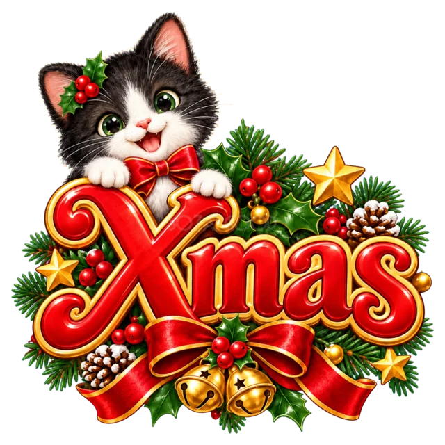 黒猫とXmas文字を描いたかわいい動物のクリスマスロゴ
