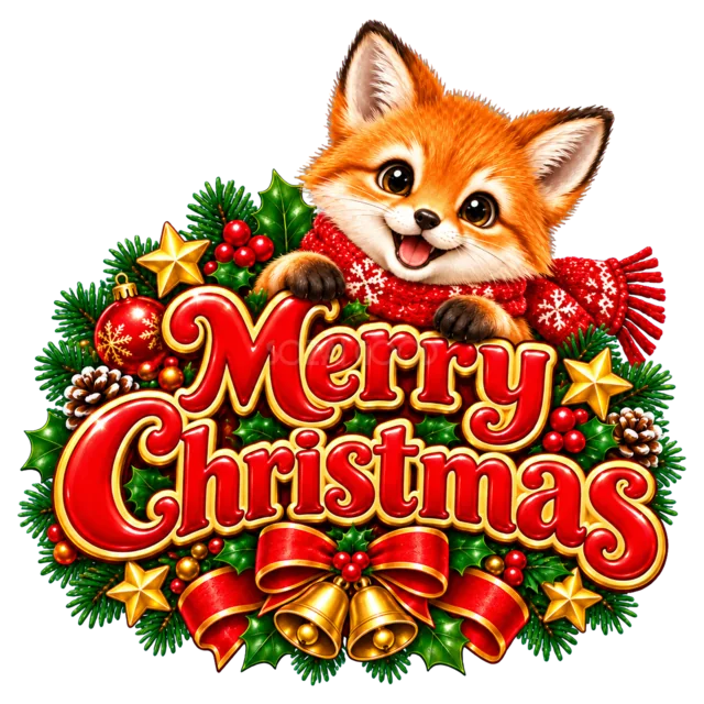 きつねとMerry Christmas文字を描いたかわいい動物のクリスマスロゴ