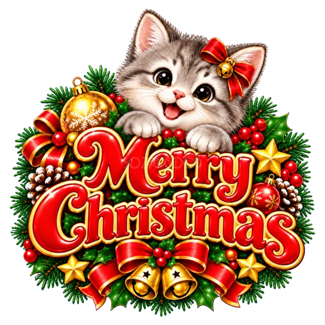 灰色の子猫とMerry Christmas文字を描いたかわいい動物のクリスマスロゴ