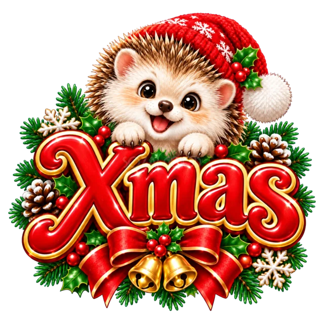 ハリネズミとXmas文字を描いたかわいい動物のクリスマスロゴ