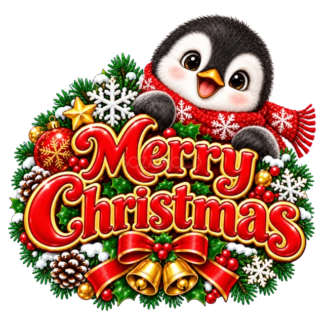 ペンギンとMerry Christmas文字を描いたかわいい動物のクリスマスロゴ