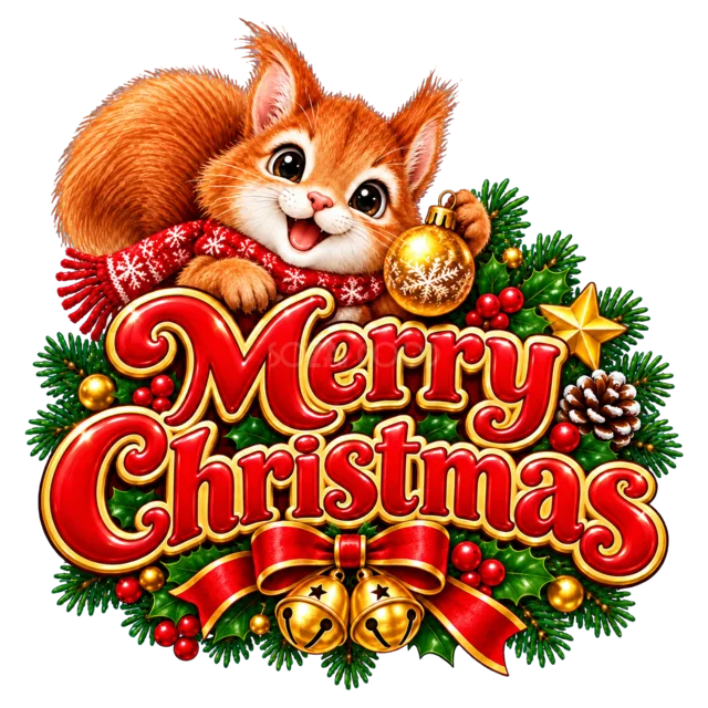 リスとMerry Christmas文字を描いたかわいい動物のクリスマスロゴ