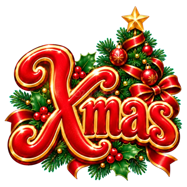 ツリーとXmas文字を描いた赤と金のクリスマス飾りロゴ
