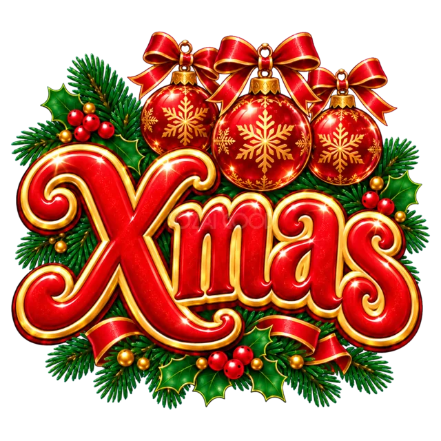 赤いオーナメントとXmas文字を描いた赤と金のクリスマス飾りロゴ