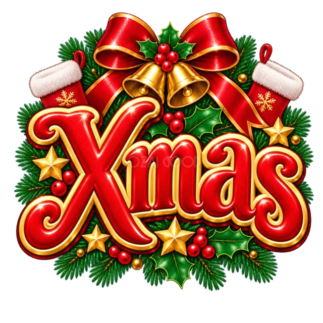 靴下とベルのXmas文字を描いた赤と金のクリスマス飾りロゴ