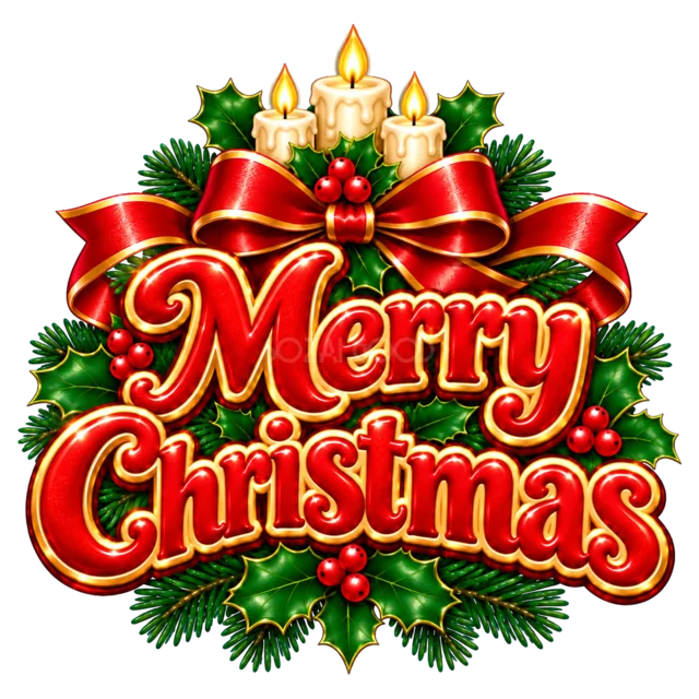 キャンドルとMerry Christmas文字を描いた赤と金のクリスマス飾りロゴ