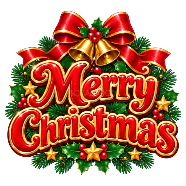 大きな赤いリボンのMerry Christmas文字を描いた赤と金のクリスマス飾りロゴ