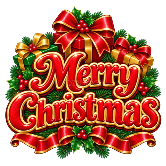 プレゼントとMerry Christmas文字を描いた赤と金のクリスマス飾りロゴ