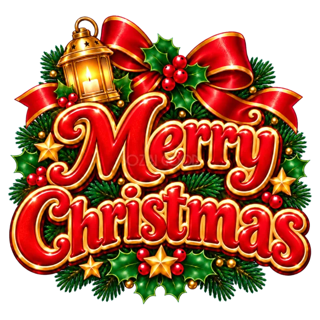 ランタンとMerry Christmas文字を描いた赤と金のクリスマス飾りロゴ