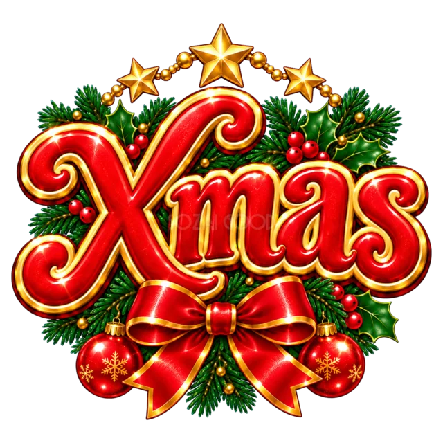 金の星と赤いリボンのXmas文字を描いた赤と金のクリスマス飾りロゴ