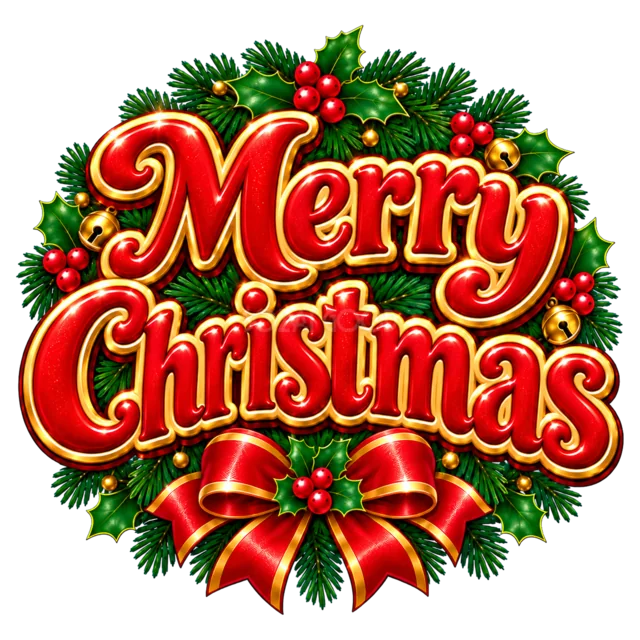 もみの枝とMerry Christmas文字を描いた赤と金のクリスマス飾りロゴ