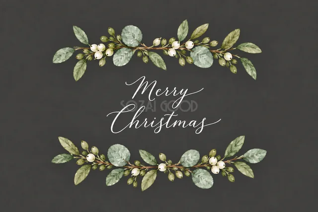 もみの枝とユーカリの上下ガーランドのダークグレー水彩クリスマスカード（Merry Christmas文字入り）