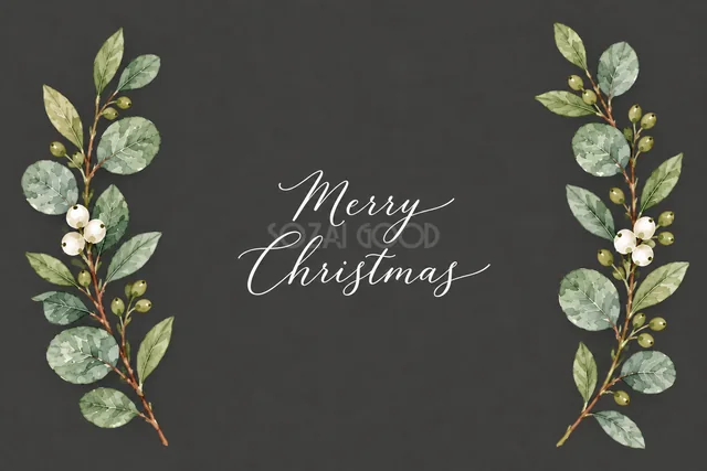 ユーカリと赤白の実の左右ボーダーのダークグレー水彩クリスマスカード（Merry Christmas文字入り）