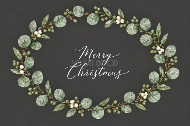ユーカリと赤白の実の丸いリースのダークグレー水彩クリスマスカード（Merry Christmas文字入り）