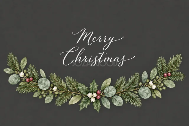 もみの枝とユーカリの下辺ガーランドのダークグレー水彩クリスマスカード（Merry Christmas文字入り）